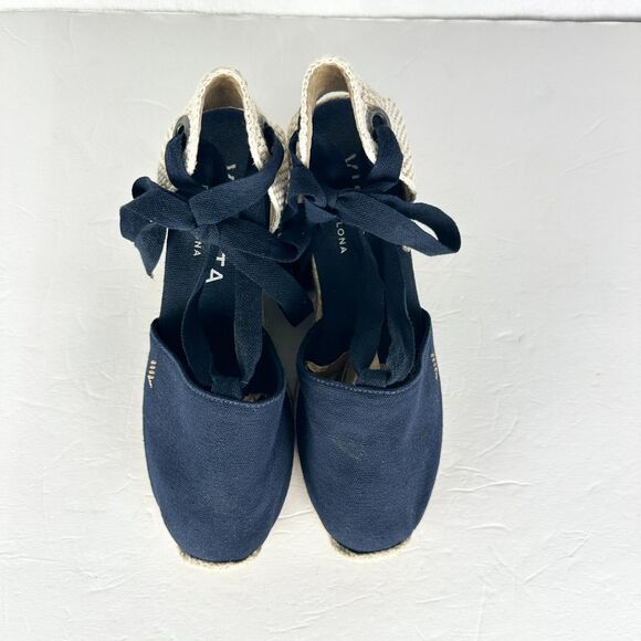Viscata Escala Canvas Espadrille Wedges Size 39 US 8 Navy Blue Lace Up Handmade - Picture 6 of 10